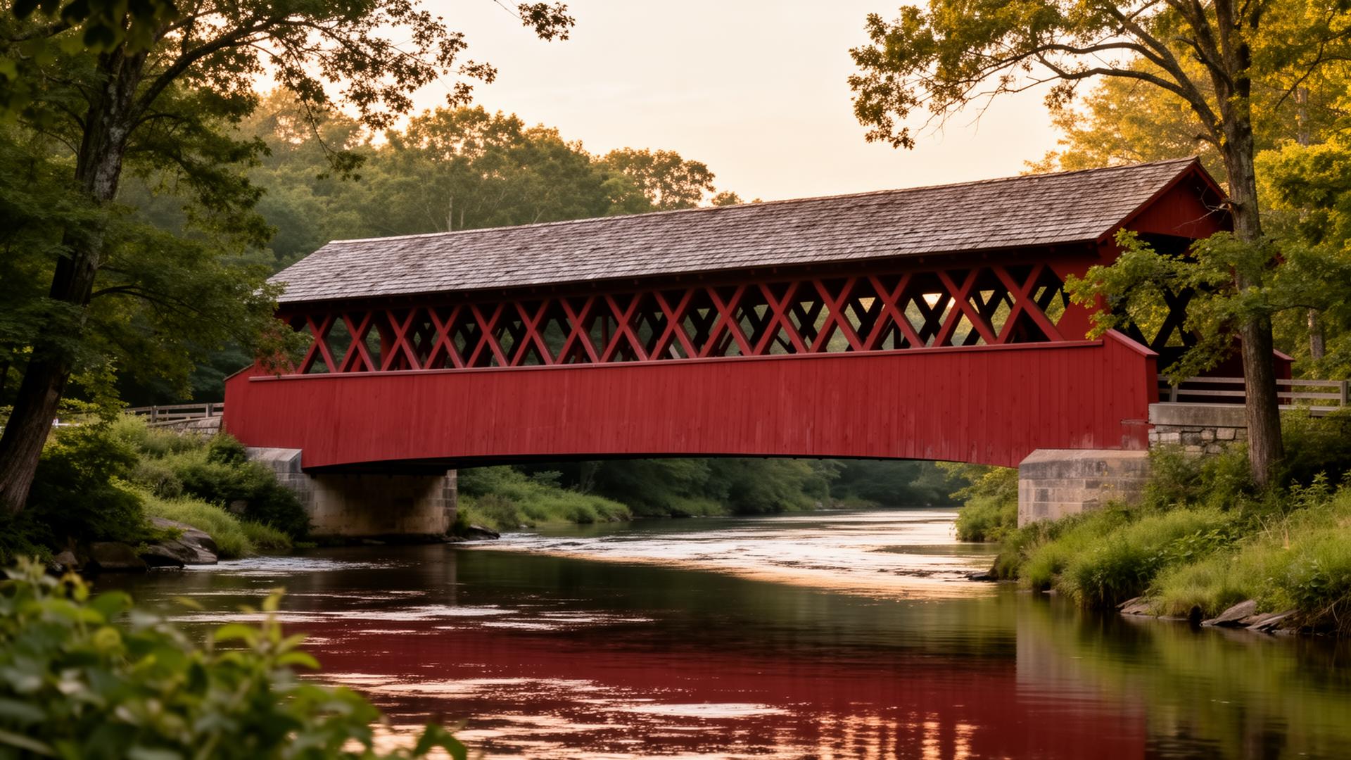 The red-painted Pepperell Covered Bridge spanning the Nashua River in Pepperell, Massachusetts — a classic New England Town-lattice truss covered bridge framed by riverbank trees in warm late-afternoon light.