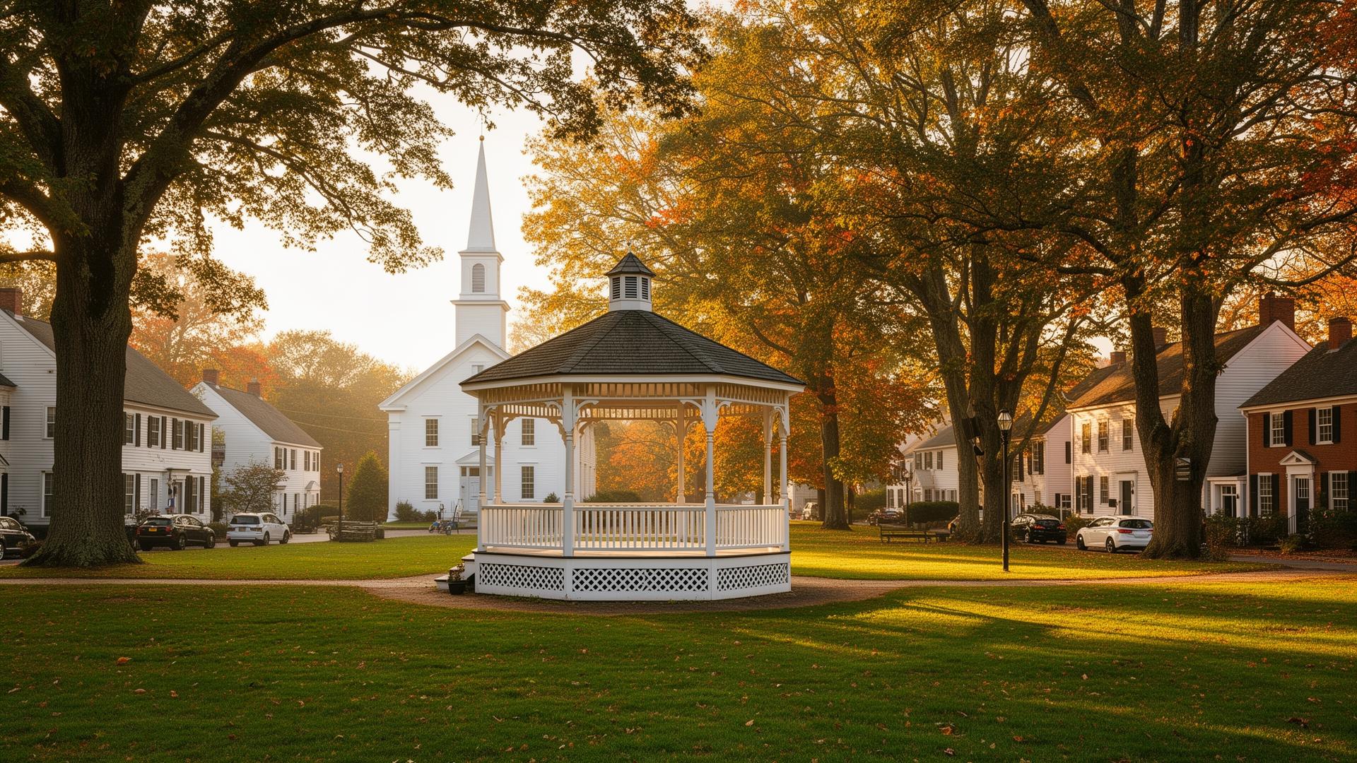 Townsend Common in Townsend, Massachusetts — the historic white wooden bandstand on the village green with the steepled Congregational church and colonial-era homes in the background under autumn foliage.